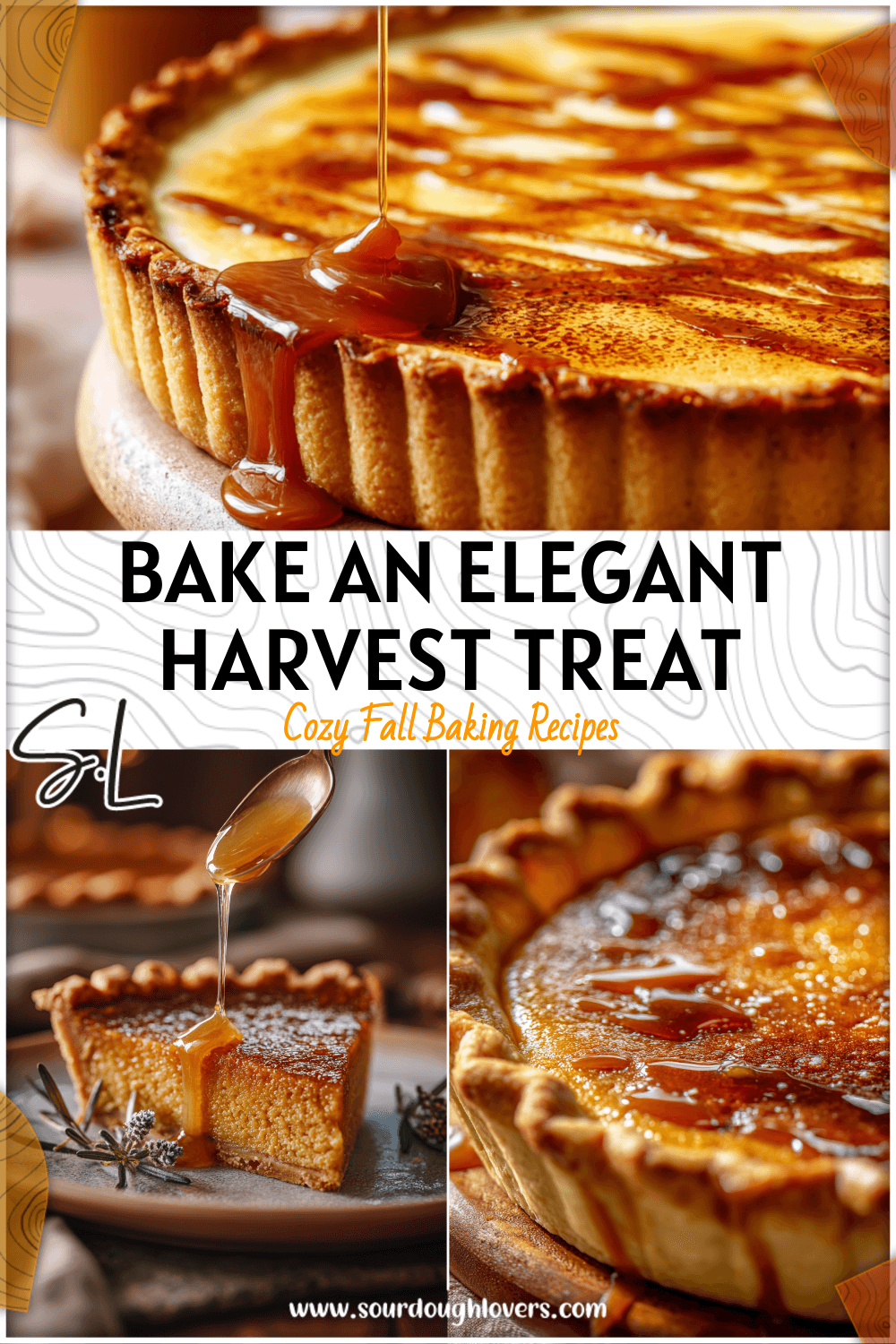 Elegant burnt honey pie topped with caramel drizzle and golden crust perfect for a Harvest Pie table setting.